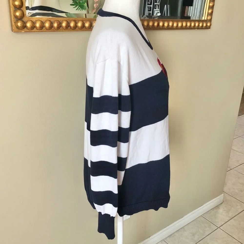 Elliott Lauren Embroidered Navy Striped Knit Pullover Cotton Sweater Large